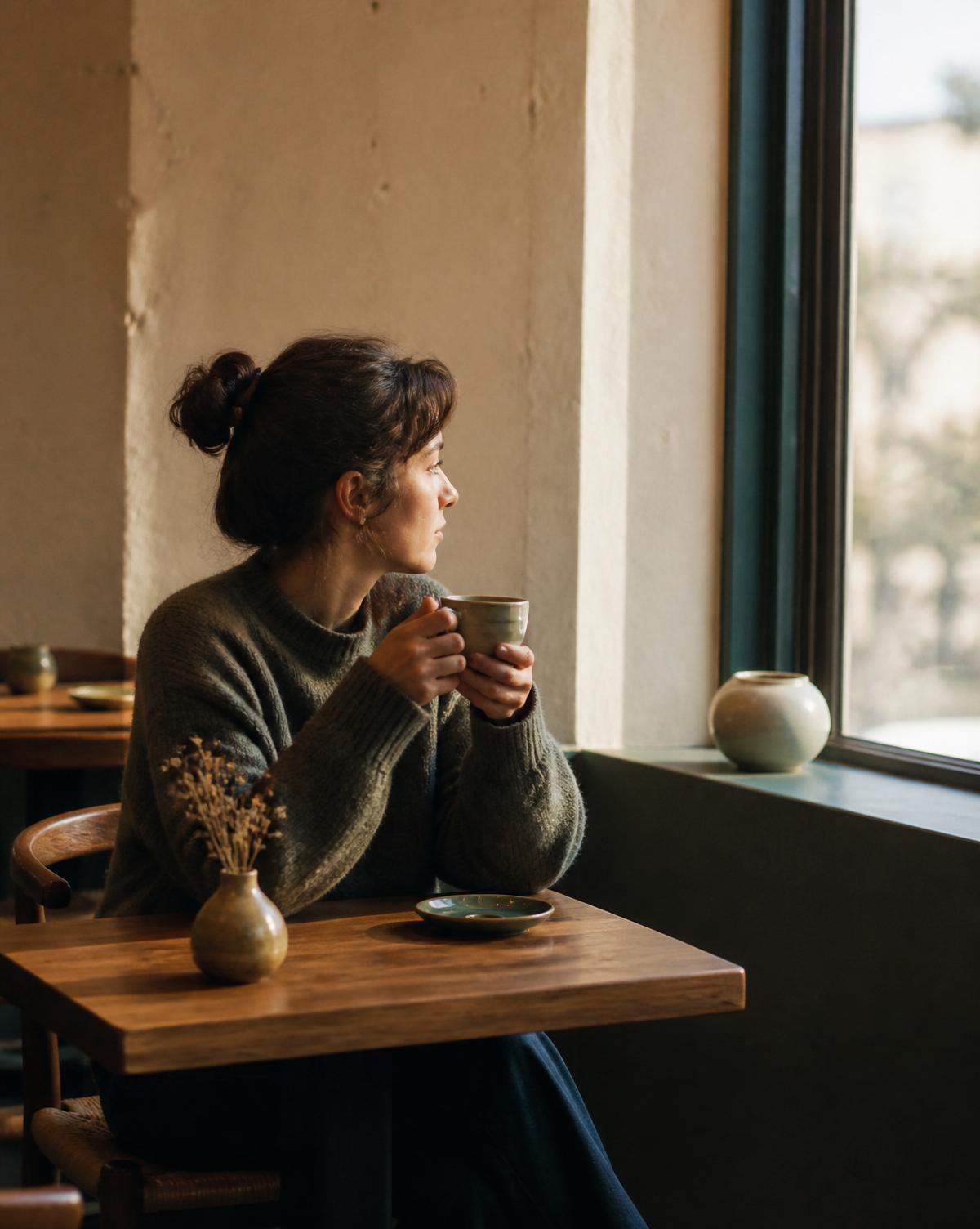 A quiet morning café moment with warm light through the window