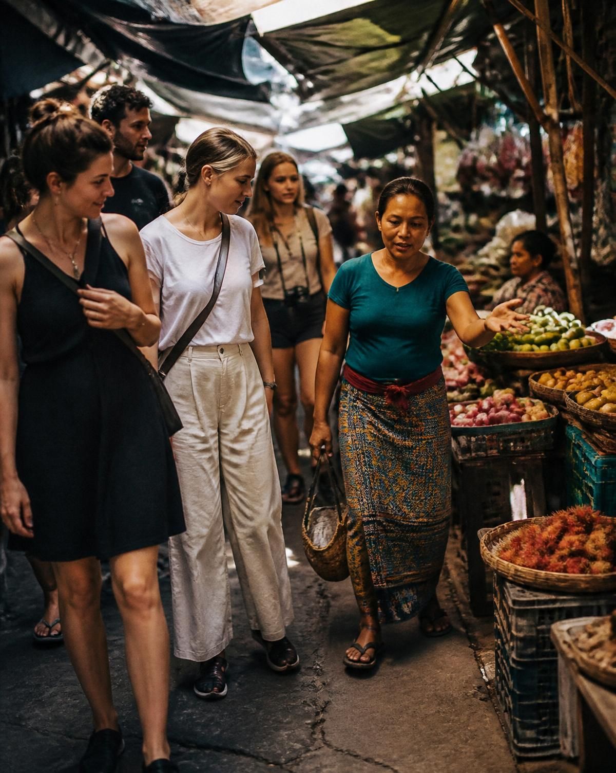 A small group of travellers walking through a bustling local market with a local guide